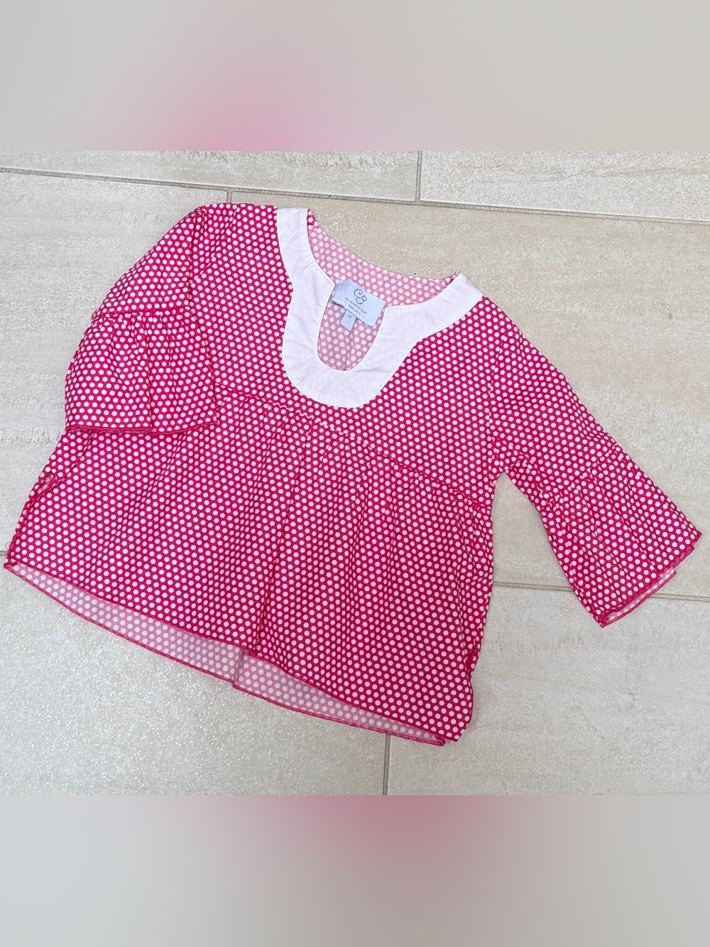 Baby CZ Pink Polka Dot Peasant Blouse with White Trim